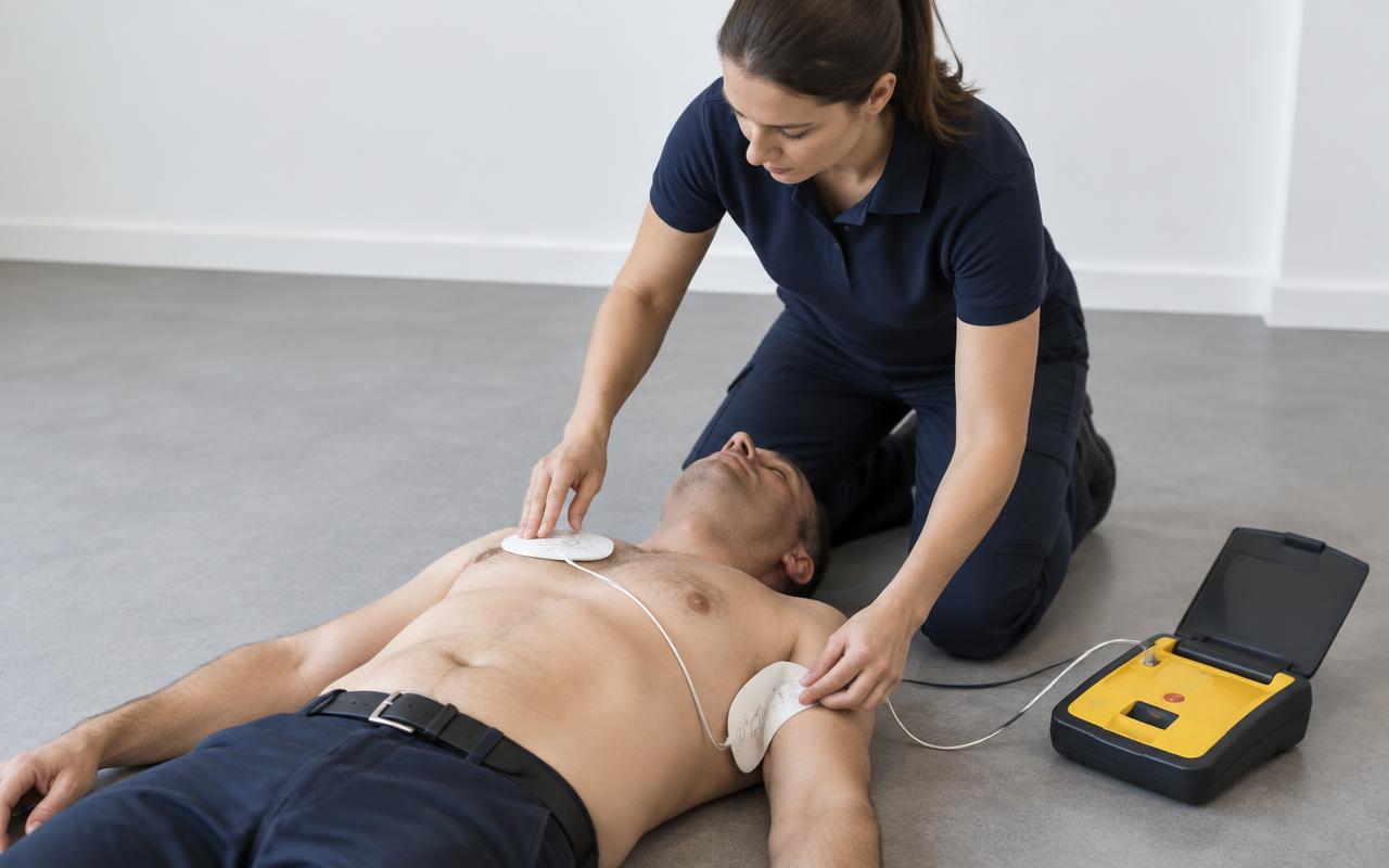Une secouriste colle les electrodes d'un defibrillateur sur le thorax nu d'un adulte allonge, l'appareil pose sur le sol a cote.