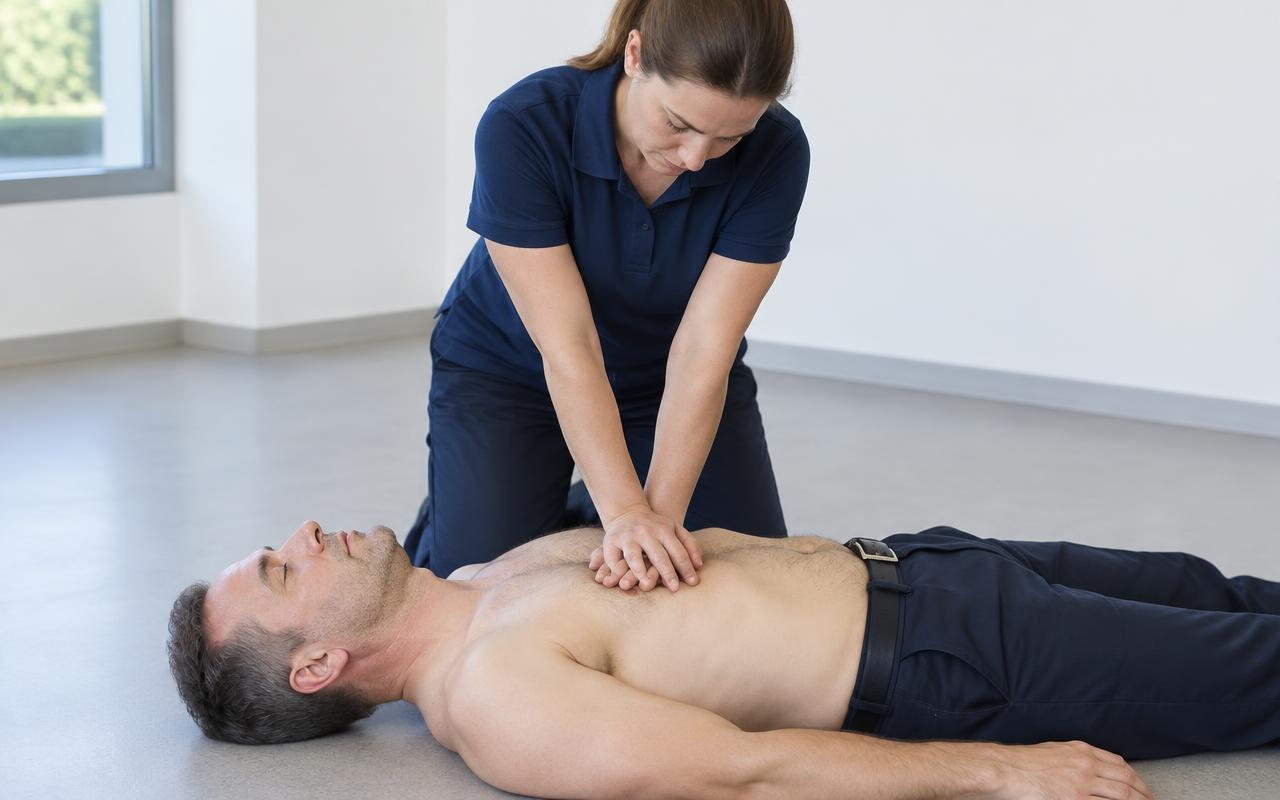 Une secouriste a genoux realise des compressions thoraciques chez un adulte allonge sur le dos, talon des deux mains superposees au centre de la poitrine, bras tendus.
