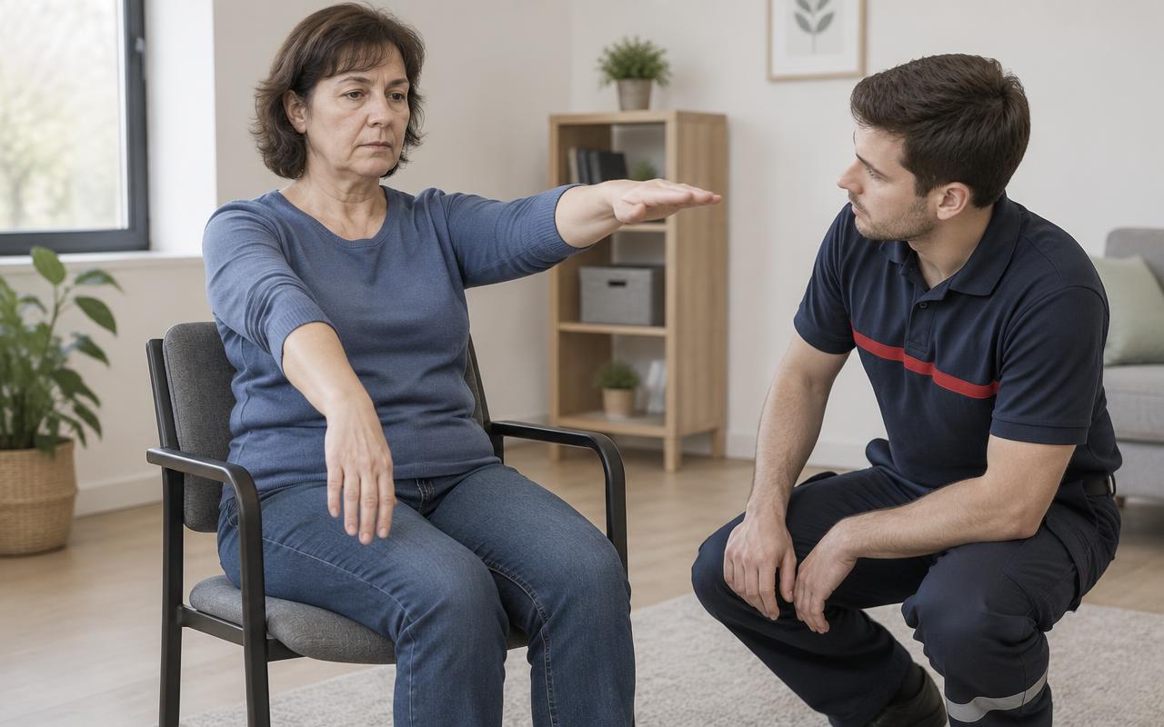 Assise sur une chaise, une femme lève les deux bras devant elle : un bras tient, l'autre retombe faiblement.