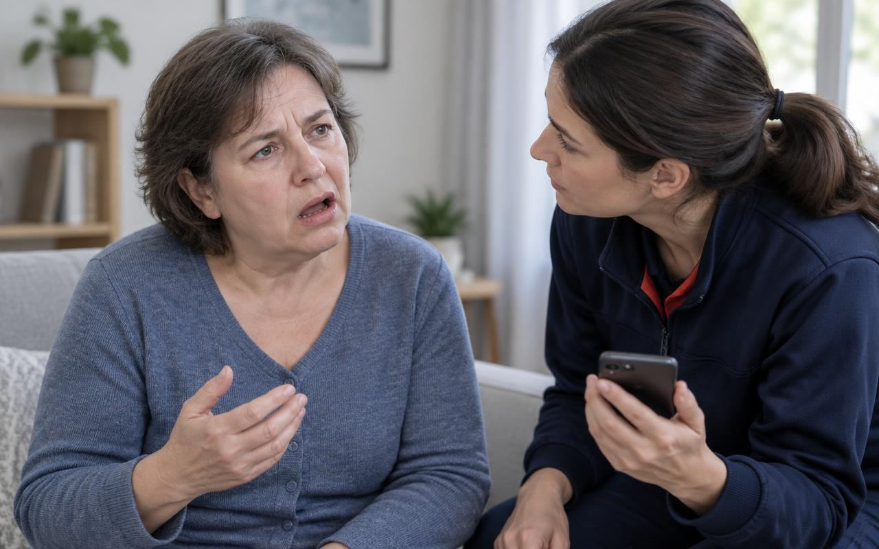 Une femme cherche ses mots, la bouche entrouverte, incapable de parler clairement, pendant qu'un proche l'écoute avec un téléphone en main.