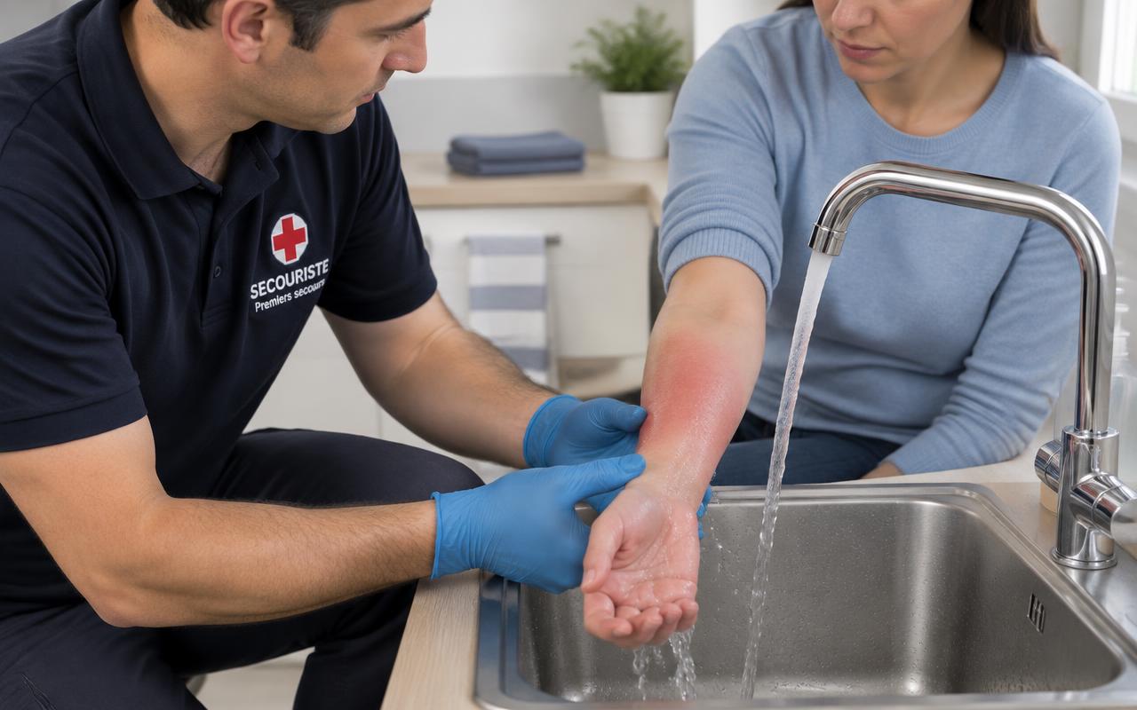 Un secouriste fait ruisseler de l'eau courante tempérée sur l'avant-bras brûlé d'une victime assise, au-dessus d'un évier.