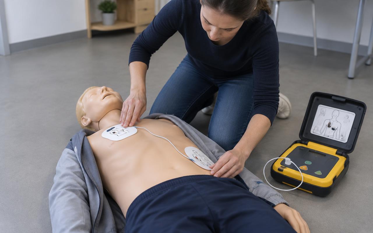 Un défibrillateur ouvert, avec une électrode sous la clavicule droite et l'autre sur le côté gauche.
