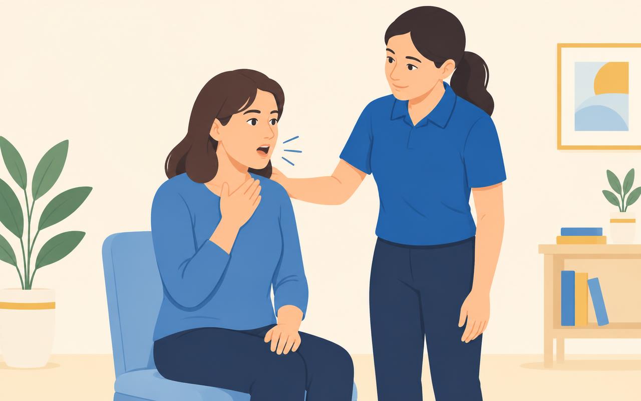 Une victime assise tousse avec la main à sa gorge, le sauveteur à ses côtés l'encourage à tousser sans pratiquer de manœuvre.