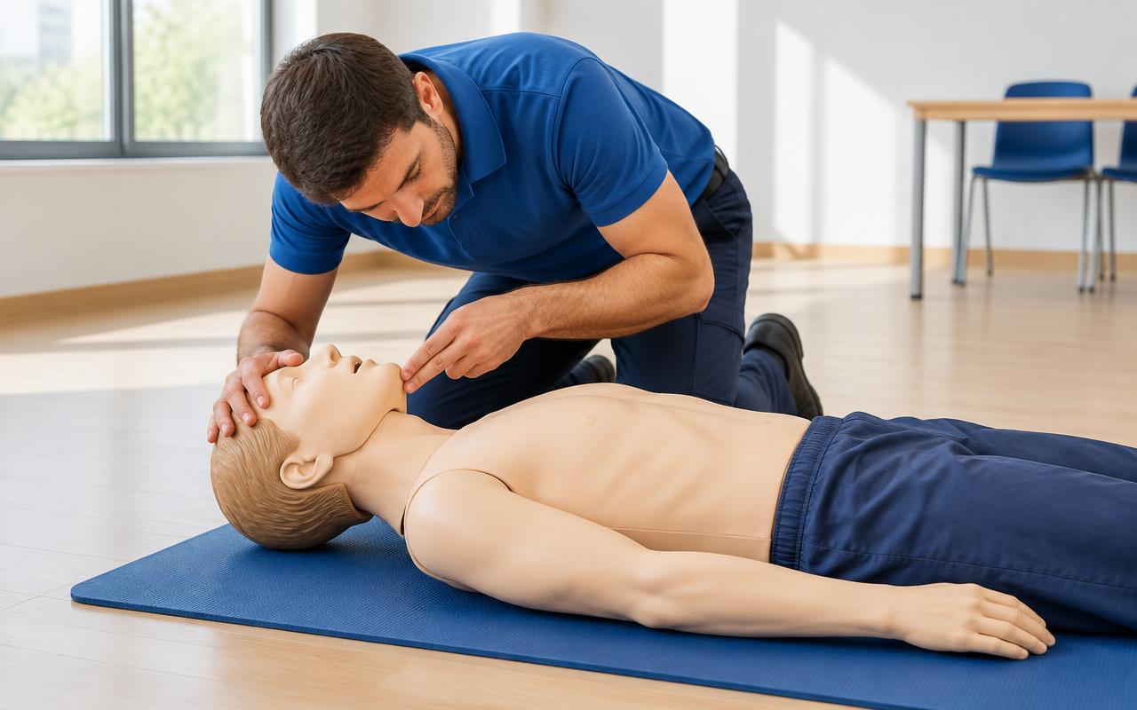 Un secouriste libère les voies aériennes d'un mannequin et contrôle sa respiration.