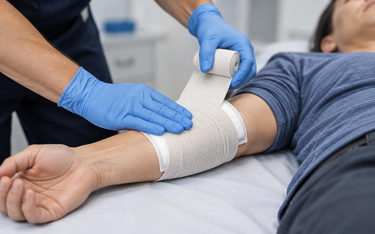 Un sauveteur avec des gants enroule une bande élastique serrée autour d'un coussin stérile posé sur la plaie de l'avant-bras d'une personne allongée.