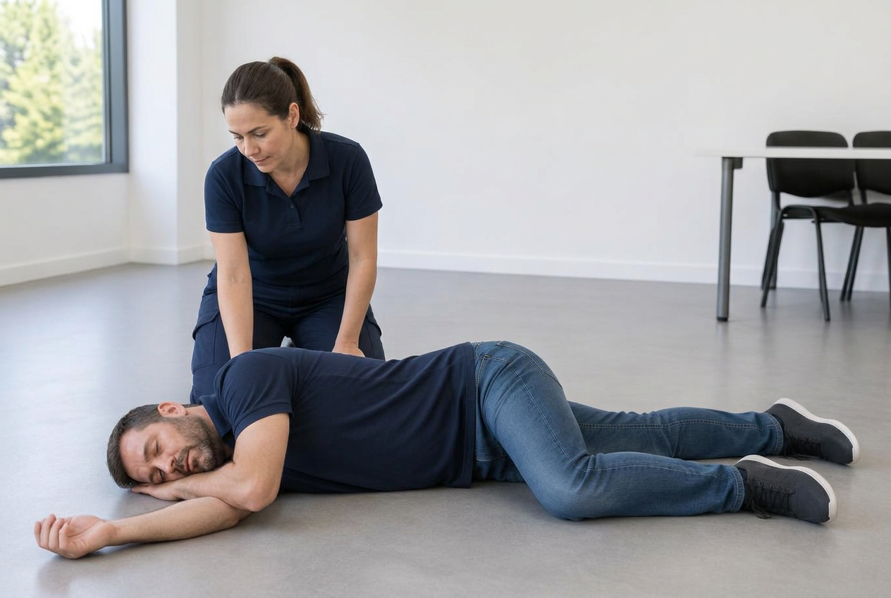 Une victime adulte allongee sur le cote en position laterale de securite, main sous la joue et jambe du dessus flechie a angle droit.
