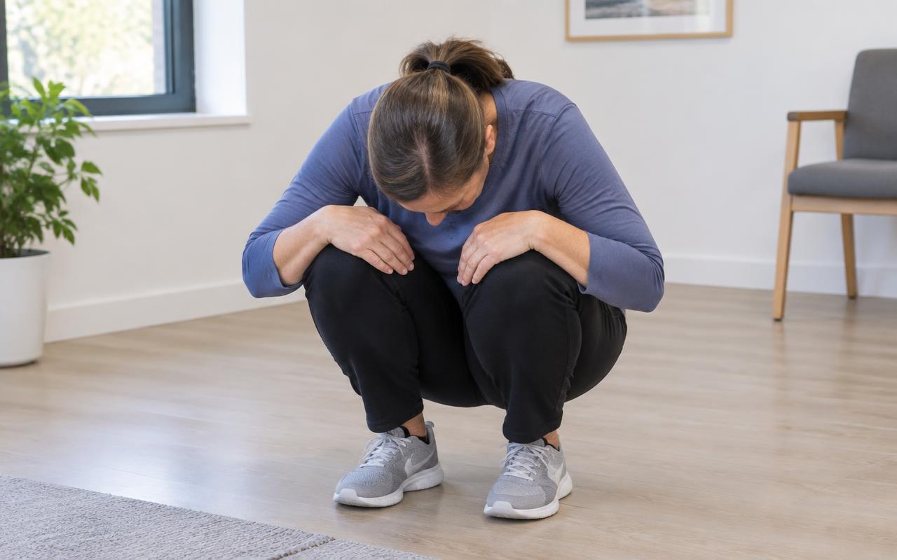 Une femme en position accroupie baisse la tête comme pour la mettre entre ses deux genoux.