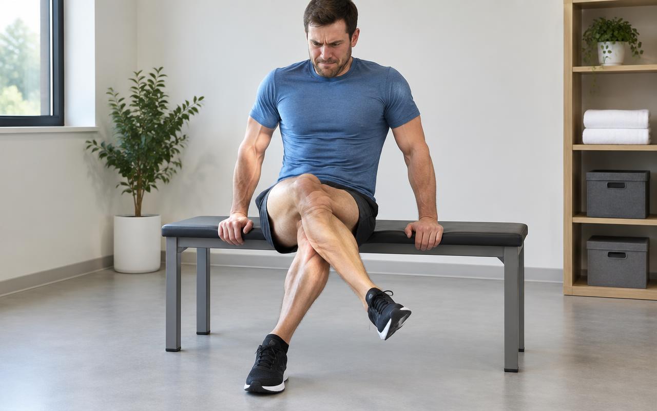 Un homme assis croise les jambes et contracte les muscles en essayant de les tendre.