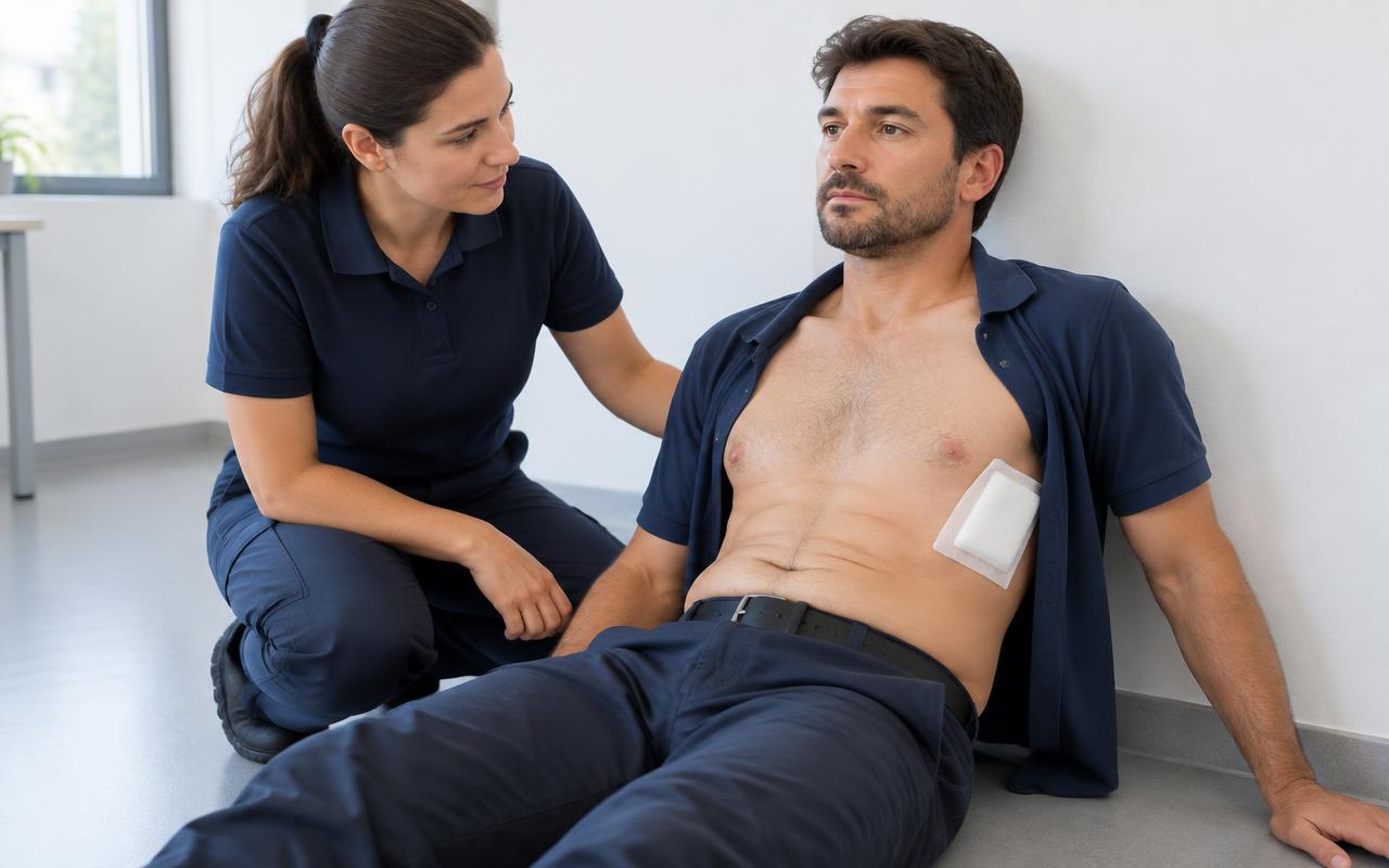 Une victime adulte est installée assise, dos en appui, le thorax laissé à l'air libre, pendant que le secouriste la rassure.
