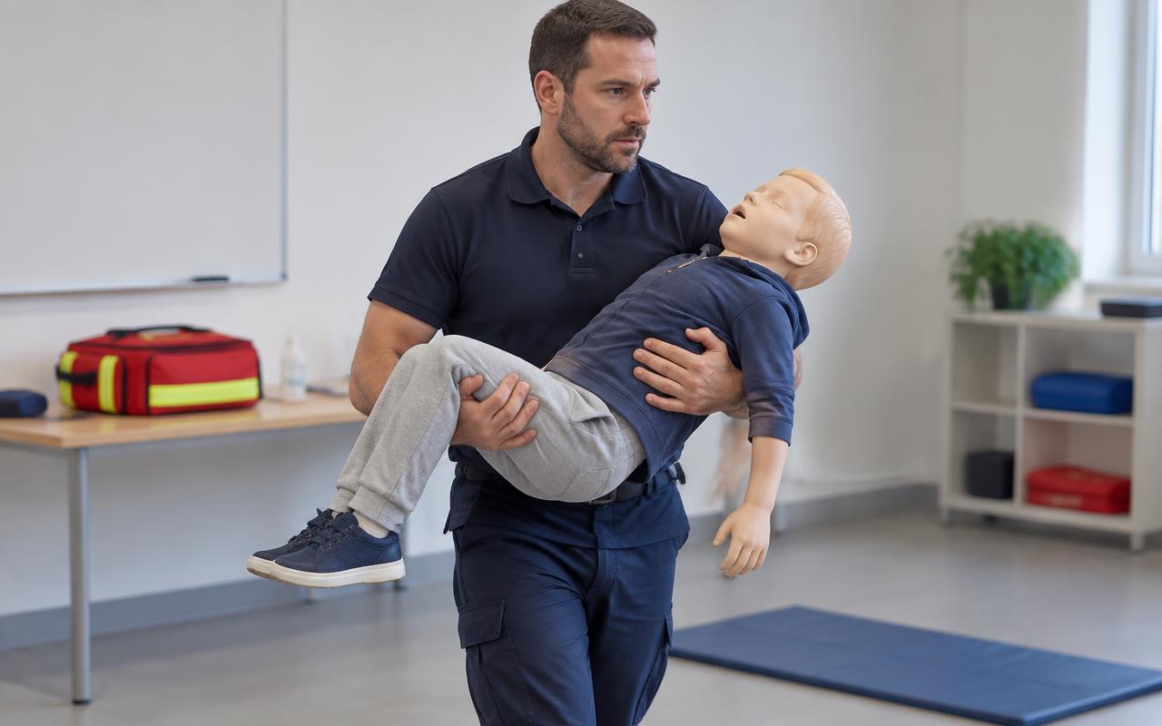 Un secouriste éloigne un mannequin enfant en le portant dans ses bras.